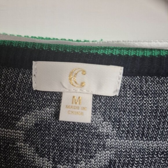 C by Bloomingdales Navy & White Chain Pattern Open Front Cardigan With Green Tri - Picture 3 of 7